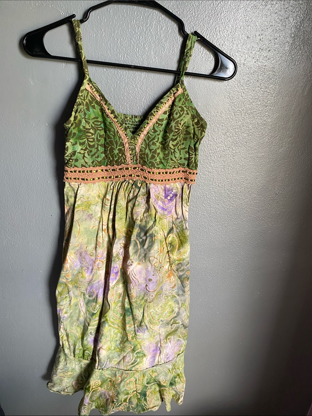 Green Printed Spaghetti-Strap Dress with Crochet Trim